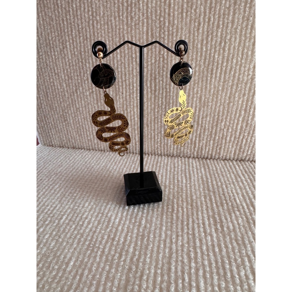 Brass Snake Dangle Earrings Black Stud Celestial Etched Serpent Botanical Witchy